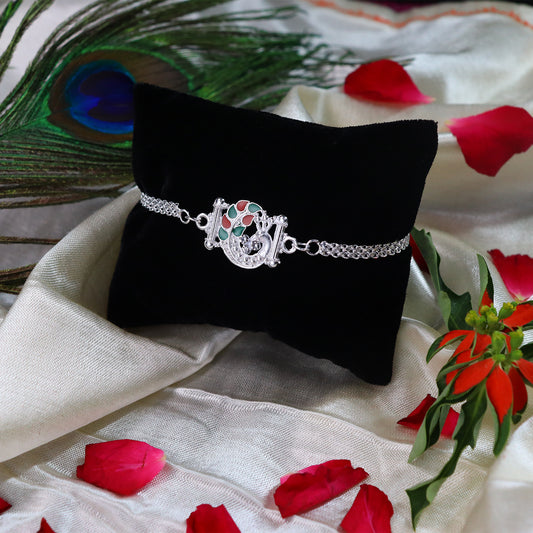 Turtle Motif Rakhi With Red-green Enamel And Silver Metal Chain